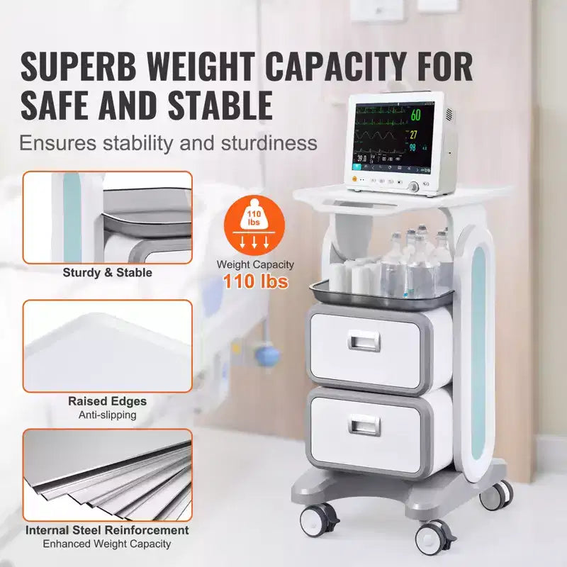 Chariot de laboratoire 3 niveaux VEVOR, chariot utilitaire de laboratoire avec 2 tiroirs et 1 plateau supérieur, chariot médical mobile en matériau ABS, chariot de laboratoire roulant