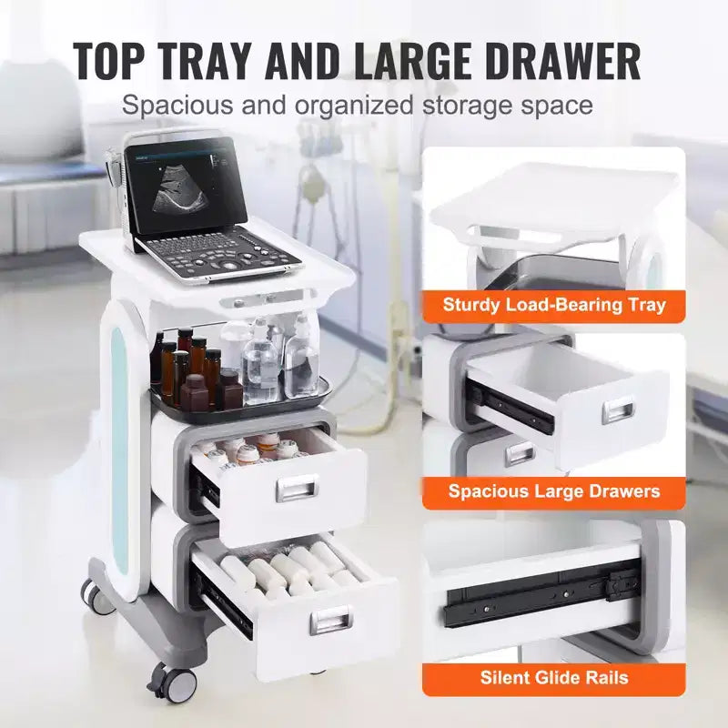 Chariot de laboratoire 3 niveaux VEVOR, chariot utilitaire de laboratoire avec 2 tiroirs et 1 plateau supérieur, chariot médical mobile en matériau ABS, chariot de laboratoire roulant