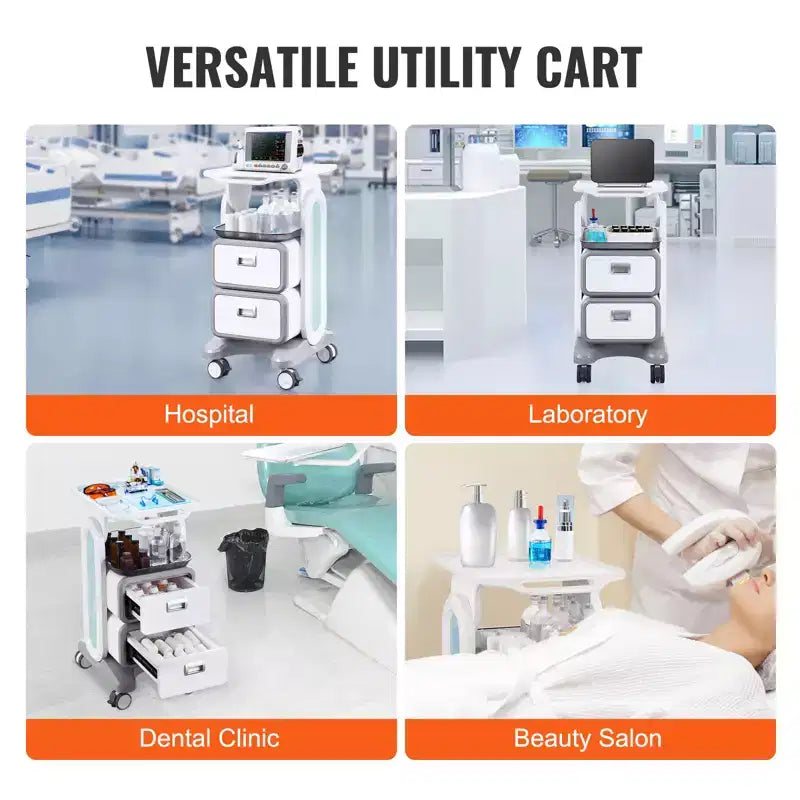 Chariot de laboratoire 3 niveaux VEVOR, chariot utilitaire de laboratoire avec 2 tiroirs et 1 plateau supérieur, chariot médical mobile en matériau ABS, chariot de laboratoire roulant
