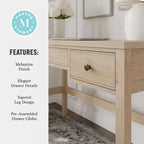 Bureau de travail Martha Stewart Rhett pour bureau à domicile, avec pieds fuselés, en couleur bois clair naturel avec ferrures bronze antique
