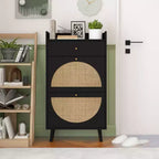 Modern Shoe Cabinet with Rattan Detailing, MDF Frame, Pine Wood Legs, and 1 Drawer+2 Flip Drawers, Multi-Shelf Storage Unit - ModernLuxe
