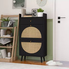 Meuble à chaussures moderne avec détails en rotin, cadre en MDF, pieds en bois de pin et 1 tiroir + 2 tiroirs basculants, unité de rangement multi-étagères - ModernLuxe