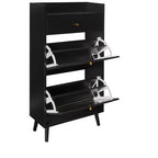 Meuble à chaussures moderne avec détails en rotin, cadre en MDF, pieds en bois de pin et 1 tiroir + 2 tiroirs basculants, unité de rangement multi-étagères - ModernLuxe