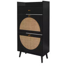 Meuble à chaussures moderne avec détails en rotin, cadre en MDF, pieds en bois de pin et 1 tiroir + 2 tiroirs basculants, unité de rangement multi-étagères - ModernLuxe
