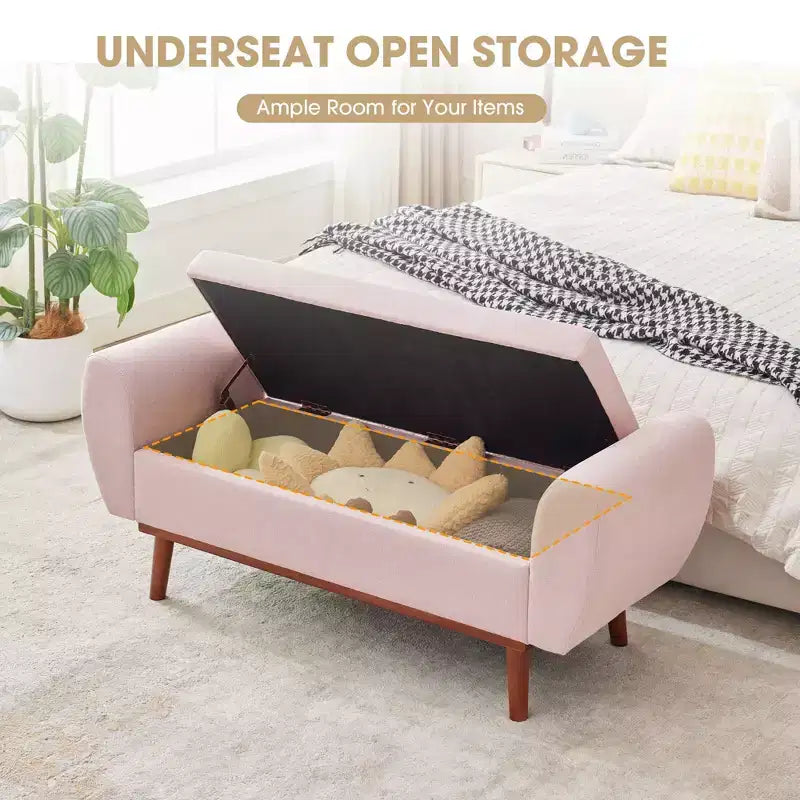 Banc de rangement rembourré en lin Hyleory avec pieds en bois massif pour chambre à coucher, salon ou entrée