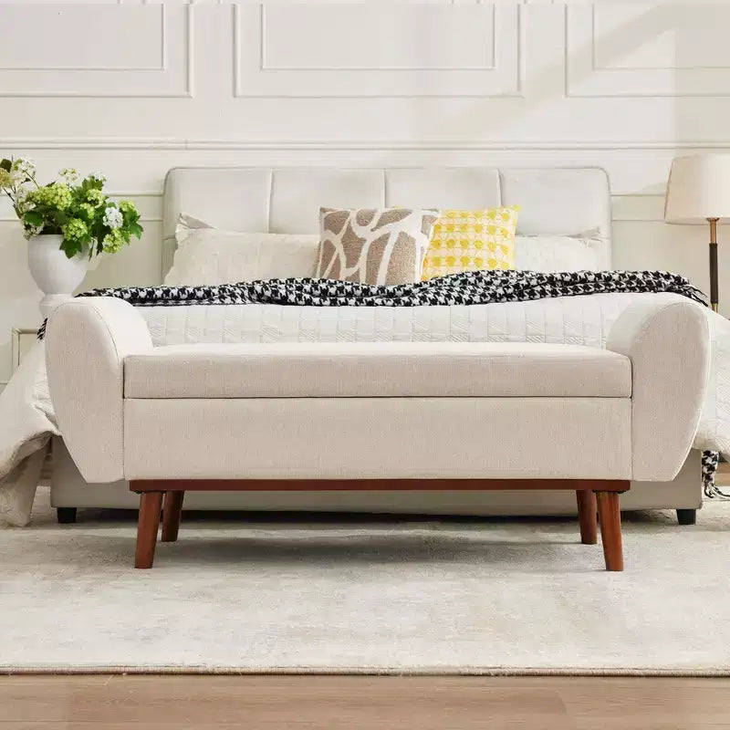 Banc de rangement rembourré en lin Hyleory avec pieds en bois massif pour chambre à coucher, salon ou entrée