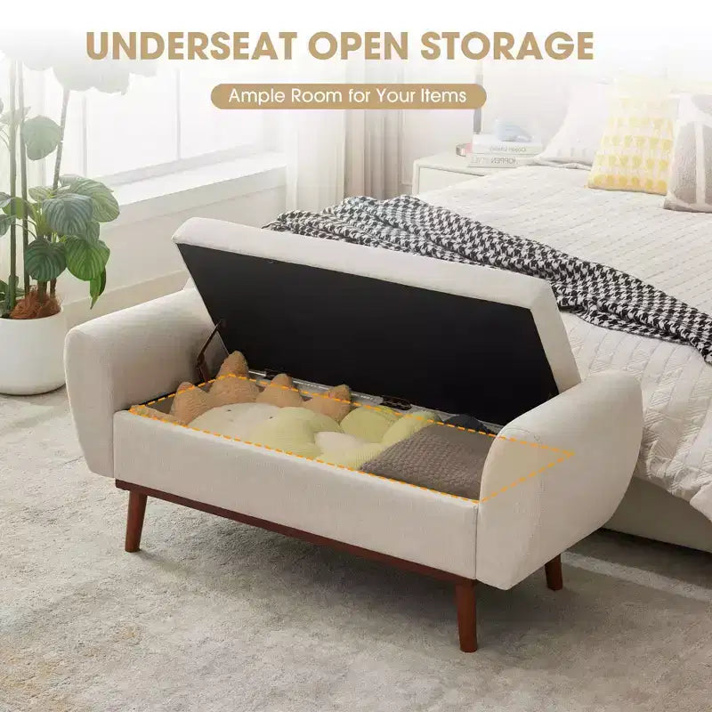 Banc de rangement rembourré en lin Hyleory avec pieds en bois massif pour chambre à coucher, salon ou entrée