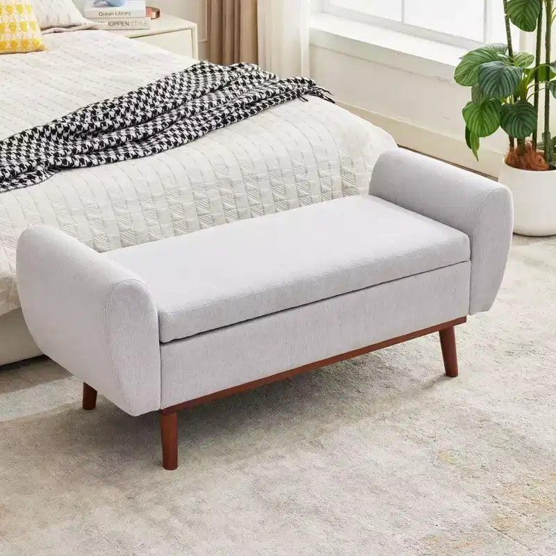 Banc de rangement rembourré en lin Hyleory avec pieds en bois massif pour chambre à coucher, salon ou entrée