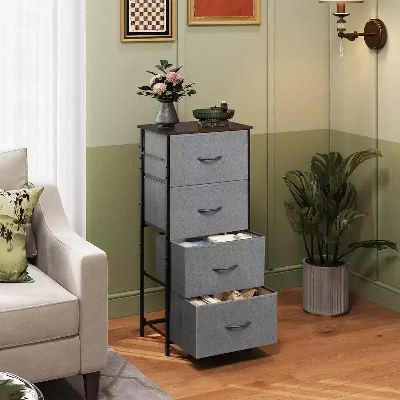 DEXYLLO Commode 4 tiroirs en tissu, tour de rangement pour chambre, couloir, entrée, placards avec cadre en acier, dessus en bois, poignée facile à tirer