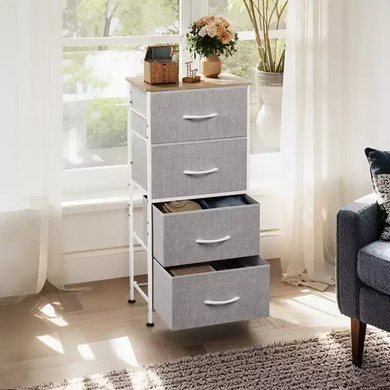 DEXYLLO Commode 4 tiroirs en tissu, tour de rangement pour chambre, couloir, entrée, placards avec cadre en acier, dessus en bois, poignée facile à tirer