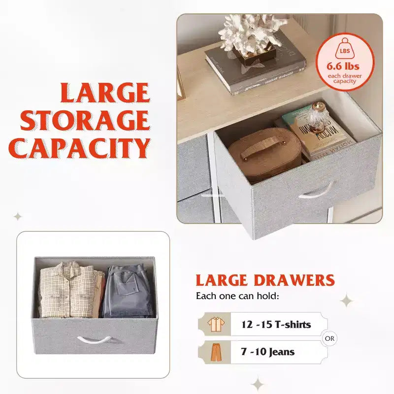 DEXYLLO Commode 4 tiroirs en tissu, tour de rangement pour chambre, couloir, entrée, placards avec cadre en acier, dessus en bois, poignée facile à tirer