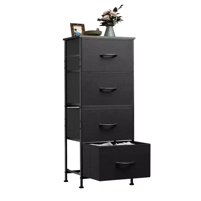 DEXYLLO Commode 4 tiroirs en tissu, tour de rangement pour chambre, couloir, entrée, placards avec cadre en acier, dessus en bois, poignée facile à tirer