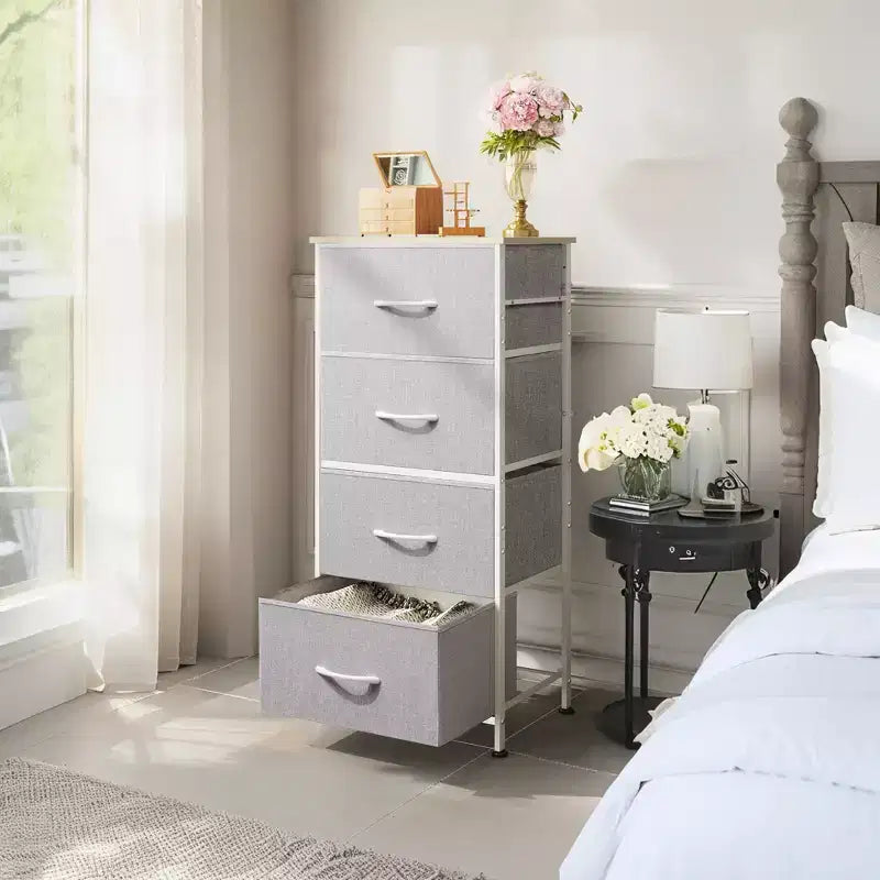 DEXYLLO Commode 4 tiroirs en tissu, tour de rangement pour chambre, couloir, entrée, placards avec cadre en acier, dessus en bois, poignée facile à tirer