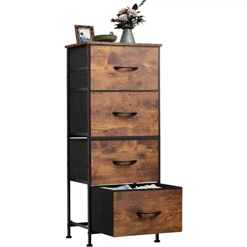DEXYLLO Commode 4 tiroirs en tissu, tour de rangement pour chambre, couloir, entrée, placards avec cadre en acier, dessus en bois, poignée facile à tirer