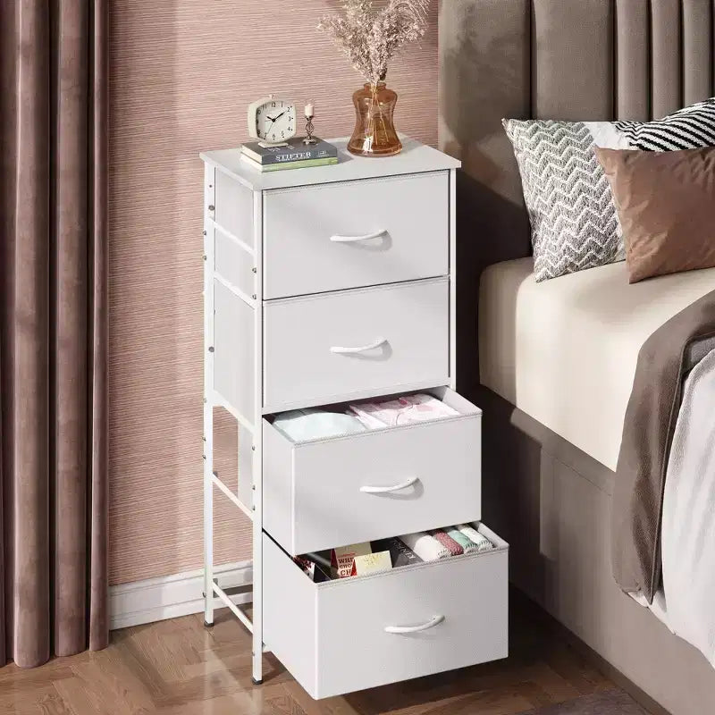 DEXYLLO Commode 4 tiroirs en tissu, tour de rangement pour chambre, couloir, entrée, placards avec cadre en acier, dessus en bois, poignée facile à tirer