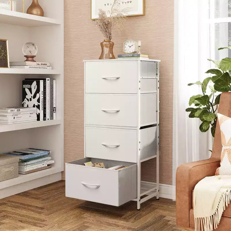 DEXYLLO Commode 4 tiroirs en tissu, tour de rangement pour chambre, couloir, entrée, placards avec cadre en acier, dessus en bois, poignée facile à tirer