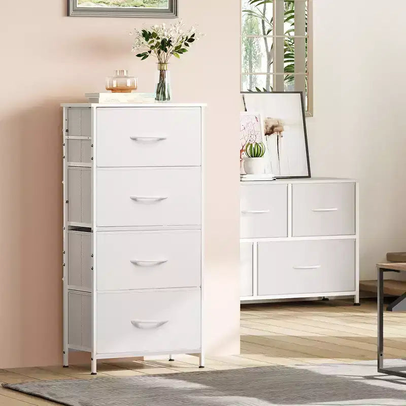 DEXYLLO Commode 4 tiroirs en tissu, tour de rangement pour chambre, couloir, entrée, placards avec cadre en acier, dessus en bois, poignée facile à tirer