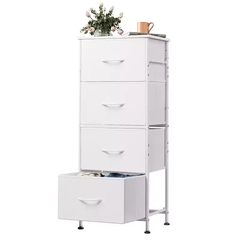 DEXYLLO Commode 4 tiroirs en tissu, tour de rangement pour chambre, couloir, entrée, placards avec cadre en acier, dessus en bois, poignée facile à tirer