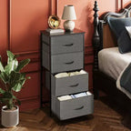 DEXYLLO Commode 4 tiroirs en tissu, tour de rangement pour chambre, couloir, entrée, placards avec cadre en acier, dessus en bois, poignée facile à tirer
