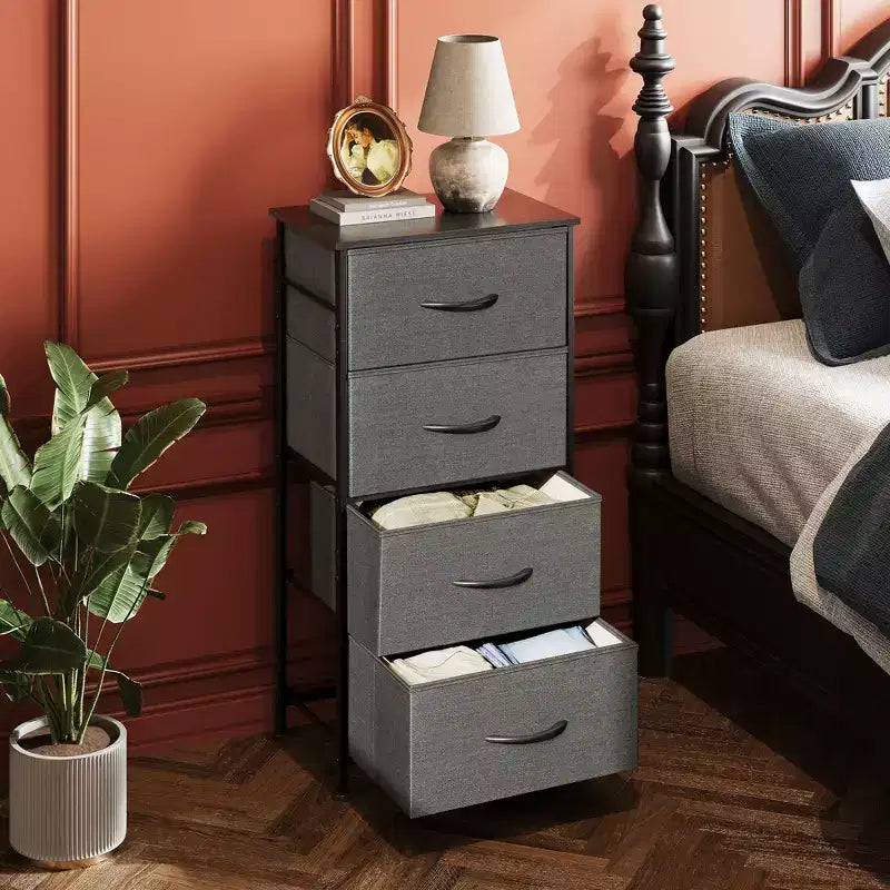 DEXYLLO Commode 4 tiroirs en tissu, tour de rangement pour chambre, couloir, entrée, placards avec cadre en acier, dessus en bois, poignée facile à tirer