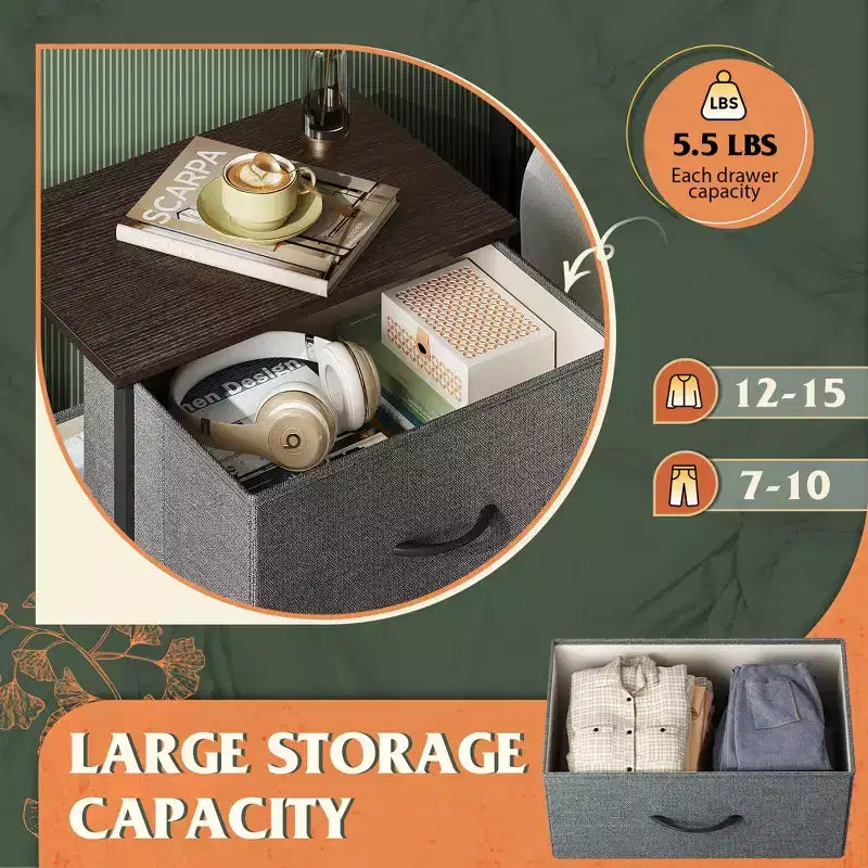DEXYLLO Commode 4 tiroirs en tissu, tour de rangement pour chambre, couloir, entrée, placards avec cadre en acier, dessus en bois, poignée facile à tirer