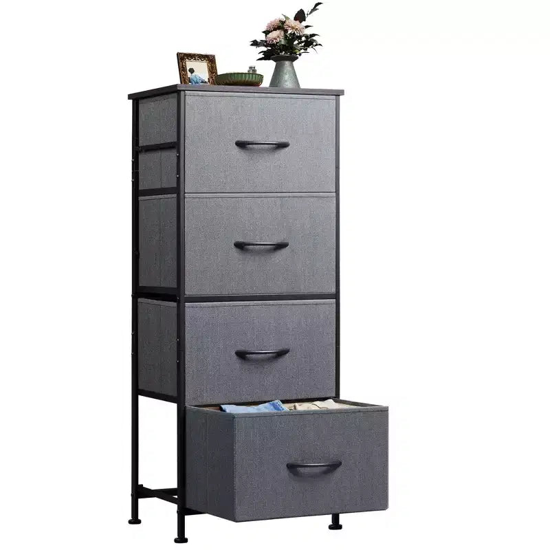 DEXYLLO Commode 4 tiroirs en tissu, tour de rangement pour chambre, couloir, entrée, placards avec cadre en acier, dessus en bois, poignée facile à tirer