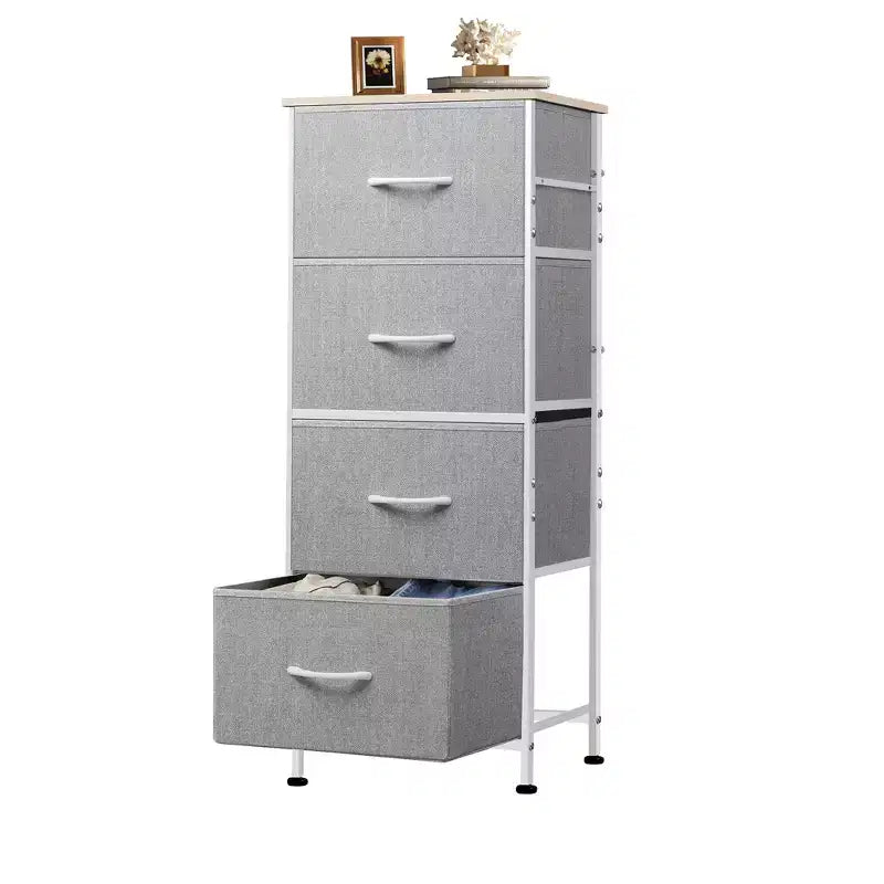 DEXYLLO Commode 4 tiroirs en tissu, tour de rangement pour chambre, couloir, entrée, placards avec cadre en acier, dessus en bois, poignée facile à tirer