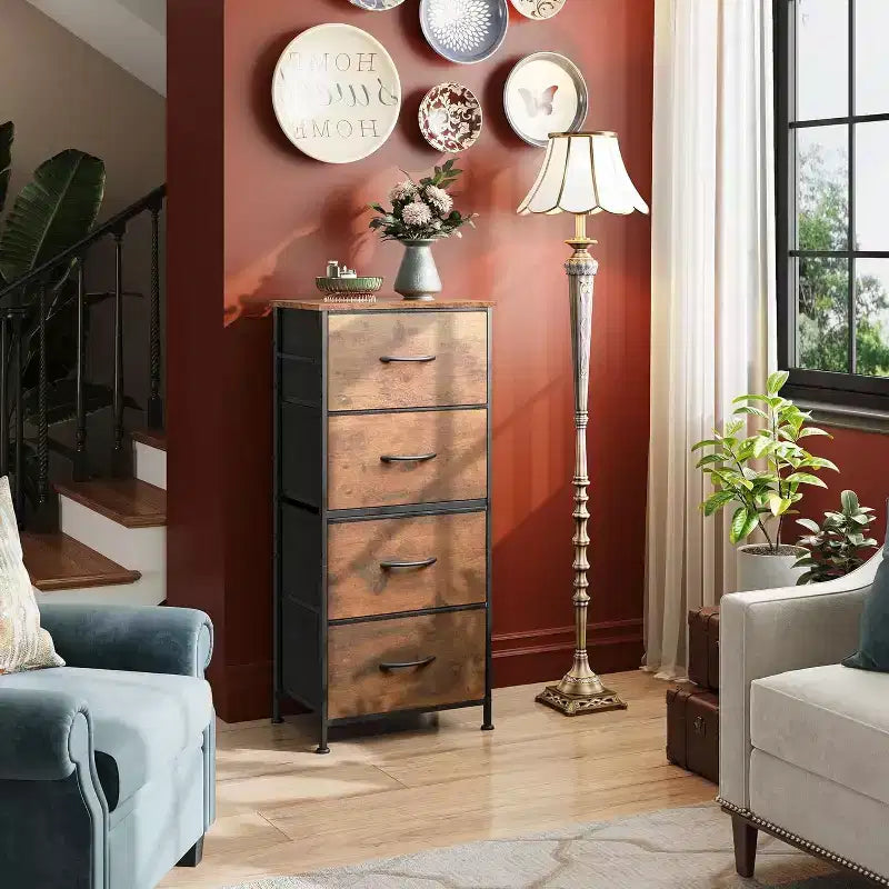 DEXYLLO Commode 4 tiroirs en tissu, tour de rangement pour chambre, couloir, entrée, placards avec cadre en acier, dessus en bois, poignée facile à tirer