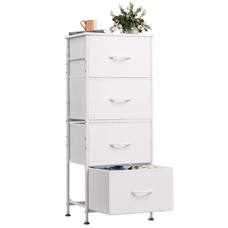 DEXYLLO Commode 4 tiroirs en tissu, tour de rangement pour chambre, couloir, entrée, placards avec cadre en acier, dessus en bois, poignée facile à tirer