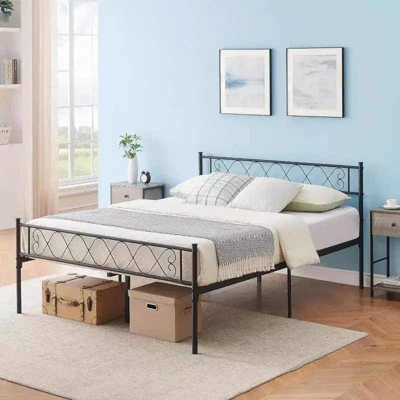 Cadre de lit, Cadre de lit en métal avec tête et pied de lit, Cadre de lit plateforme robuste et silencieux avec support à lattes solides, Rangement sous le lit