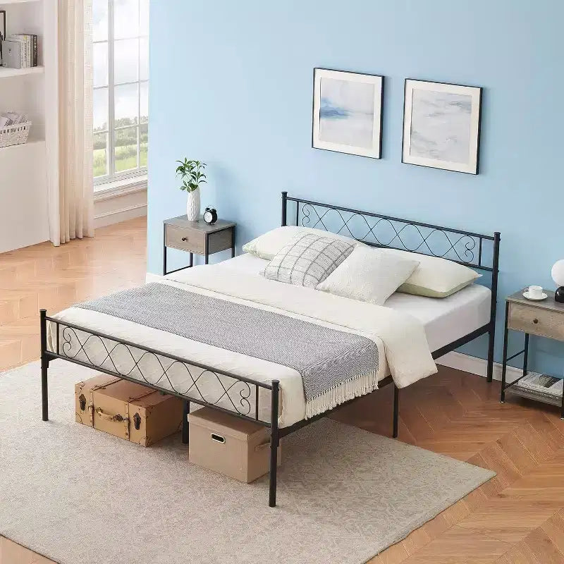 Cadre de lit, Cadre de lit en métal avec tête et pied de lit, Cadre de lit plateforme robuste et silencieux avec support à lattes solides, Rangement sous le lit