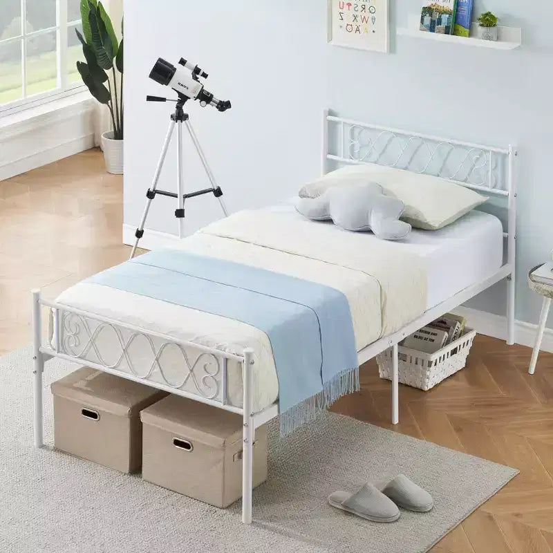 Cadre de lit, Cadre de lit en métal avec tête et pied de lit, Cadre de lit plateforme robuste et silencieux avec support à lattes solides, Rangement sous le lit