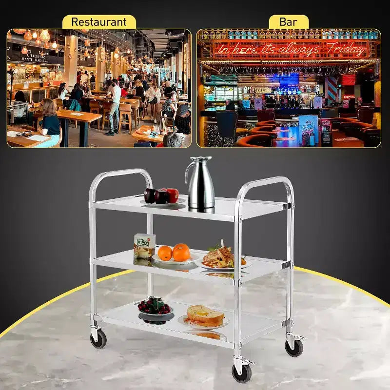 Chariot de service en acier inoxydable à 3 niveaux avec roues verrouillables à 360°, chariot de service mobile commercial et industriel, cuisine/laboratoire/médical/restauration