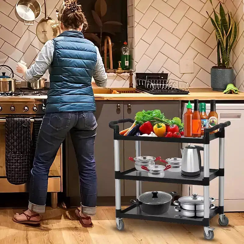 Chariot de service à roulettes à 3 niveaux en plastique, roulettes verrouillables, cadre métallique, pour bureau/cuisine/service alimentaire d'hôtel/commerce/restaurant