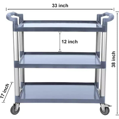 Chariot de service à roulettes à 3 niveaux en plastique, roulettes verrouillables, cadre métallique, pour bureau/cuisine/service alimentaire d'hôtel/commerce/restaurant