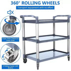 Chariot de service à roulettes à 3 niveaux en plastique, roulettes verrouillables, cadre métallique, pour bureau/cuisine/service alimentaire d'hôtel/commerce/restaurant
