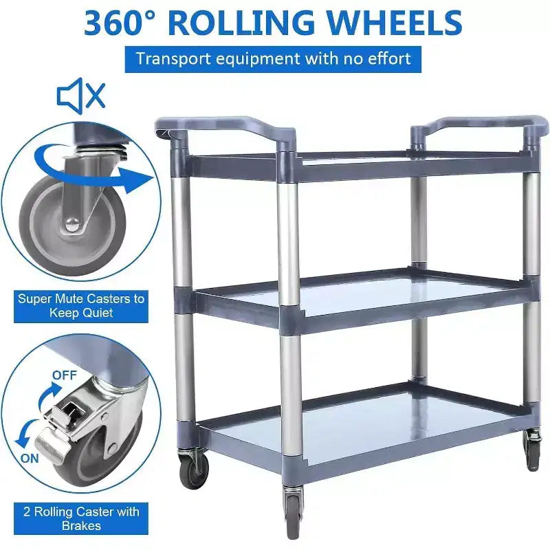 Chariot de service à roulettes à 3 niveaux en plastique, roulettes verrouillables, cadre métallique, pour bureau/cuisine/service alimentaire d'hôtel/commerce/restaurant