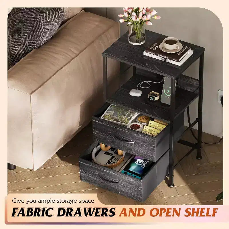 Table de chevet avec station de recharge, table de chevet LED avec 2 tiroirs en tissu, étagère de rangement, 3 ports USB et 2 prises de courant