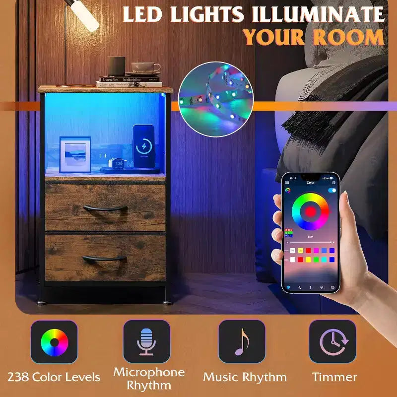 Table de chevet avec station de recharge, table de chevet LED avec 2 tiroirs en tissu, étagère de rangement, 3 ports USB et 2 prises de courant
