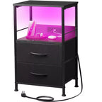 Table de chevet avec station de recharge, table de chevet LED avec 2 tiroirs en tissu, étagère de rangement, 3 ports USB et 2 prises de courant