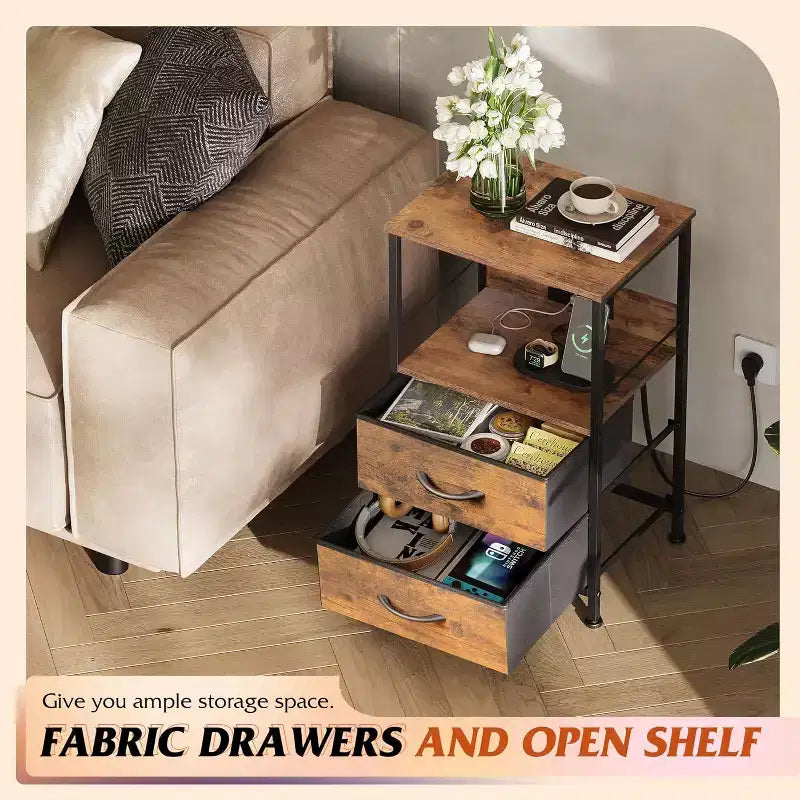 Table de chevet avec station de recharge, table de chevet LED avec 2 tiroirs en tissu, étagère de rangement, 3 ports USB et 2 prises de courant