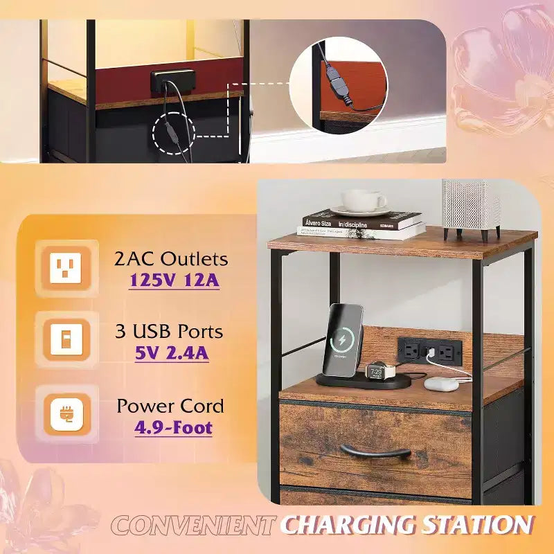 Table de chevet avec station de recharge, table de chevet LED avec 2 tiroirs en tissu, étagère de rangement, 3 ports USB et 2 prises de courant