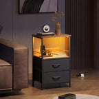 Table de chevet avec station de recharge, table de chevet LED avec 2 tiroirs en tissu, étagère de rangement, 3 ports USB et 2 prises de courant