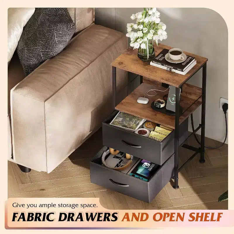Table de chevet avec station de recharge, table de chevet LED avec 2 tiroirs en tissu, étagère de rangement, 3 ports USB et 2 prises de courant