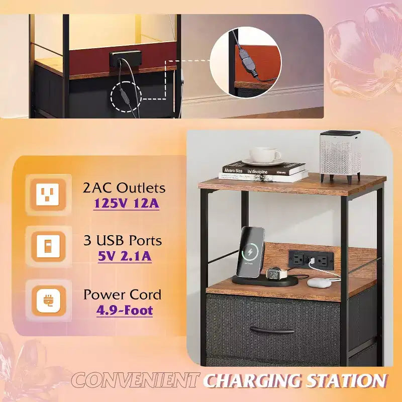 Table de chevet avec station de recharge, table de chevet LED avec 2 tiroirs en tissu, étagère de rangement, 3 ports USB et 2 prises de courant