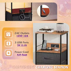 Table de chevet avec station de recharge, table de chevet LED avec 2 tiroirs en tissu, étagère de rangement, 3 ports USB et 2 prises de courant
