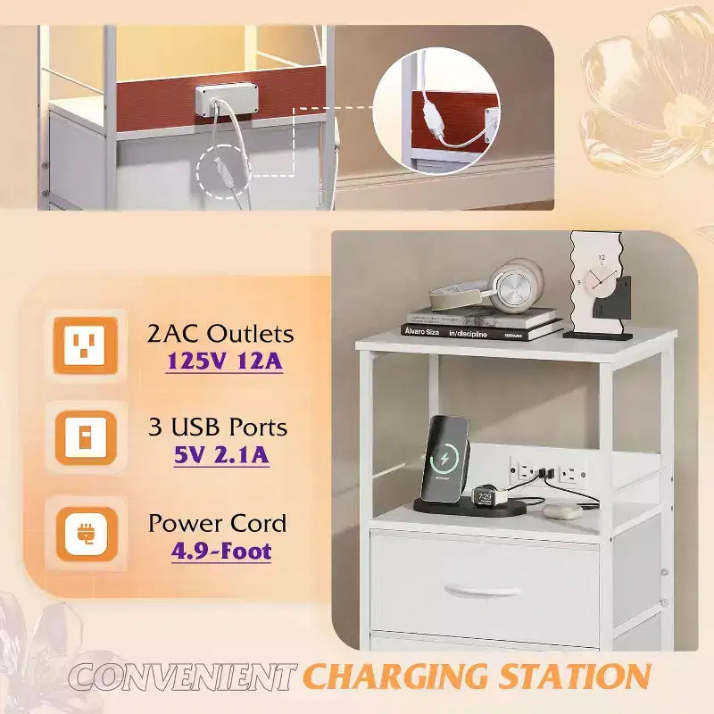 Table de chevet avec station de recharge, table de chevet LED avec 2 tiroirs en tissu, étagère de rangement, 3 ports USB et 2 prises de courant