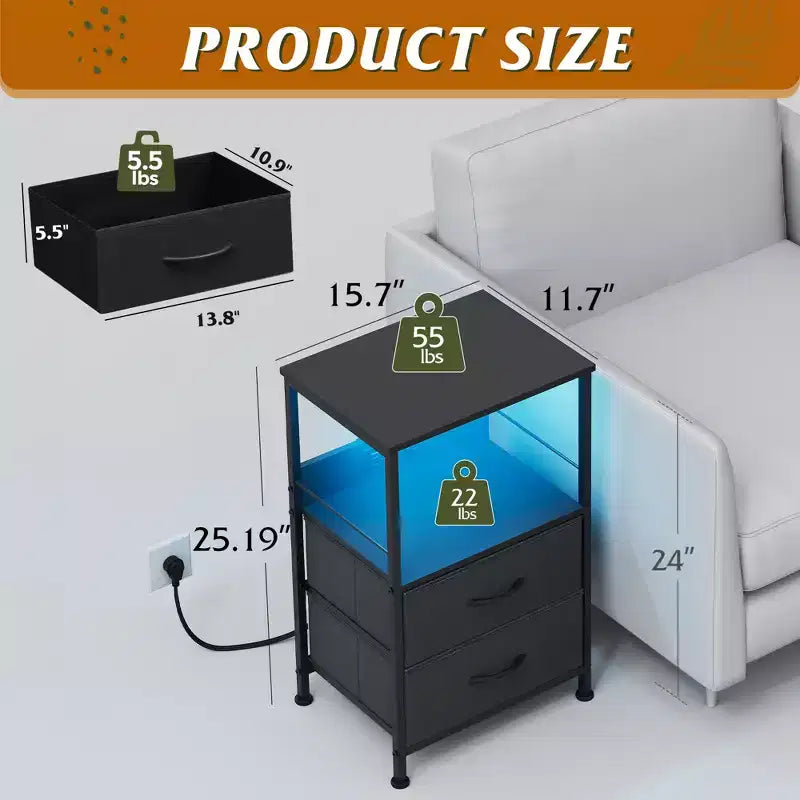 Table de chevet avec station de recharge, table de chevet LED avec 2 tiroirs en tissu, étagère de rangement, 3 ports USB et 2 prises de courant