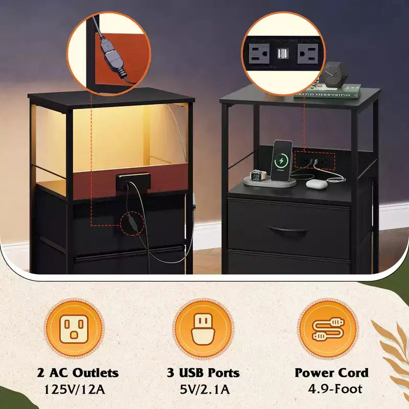 Table de chevet avec station de recharge, table de chevet LED avec 2 tiroirs en tissu, étagère de rangement, 3 ports USB et 2 prises de courant