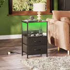 Table de chevet avec station de recharge, table de chevet LED avec 2 tiroirs en tissu, étagère de rangement, 3 ports USB et 2 prises de courant